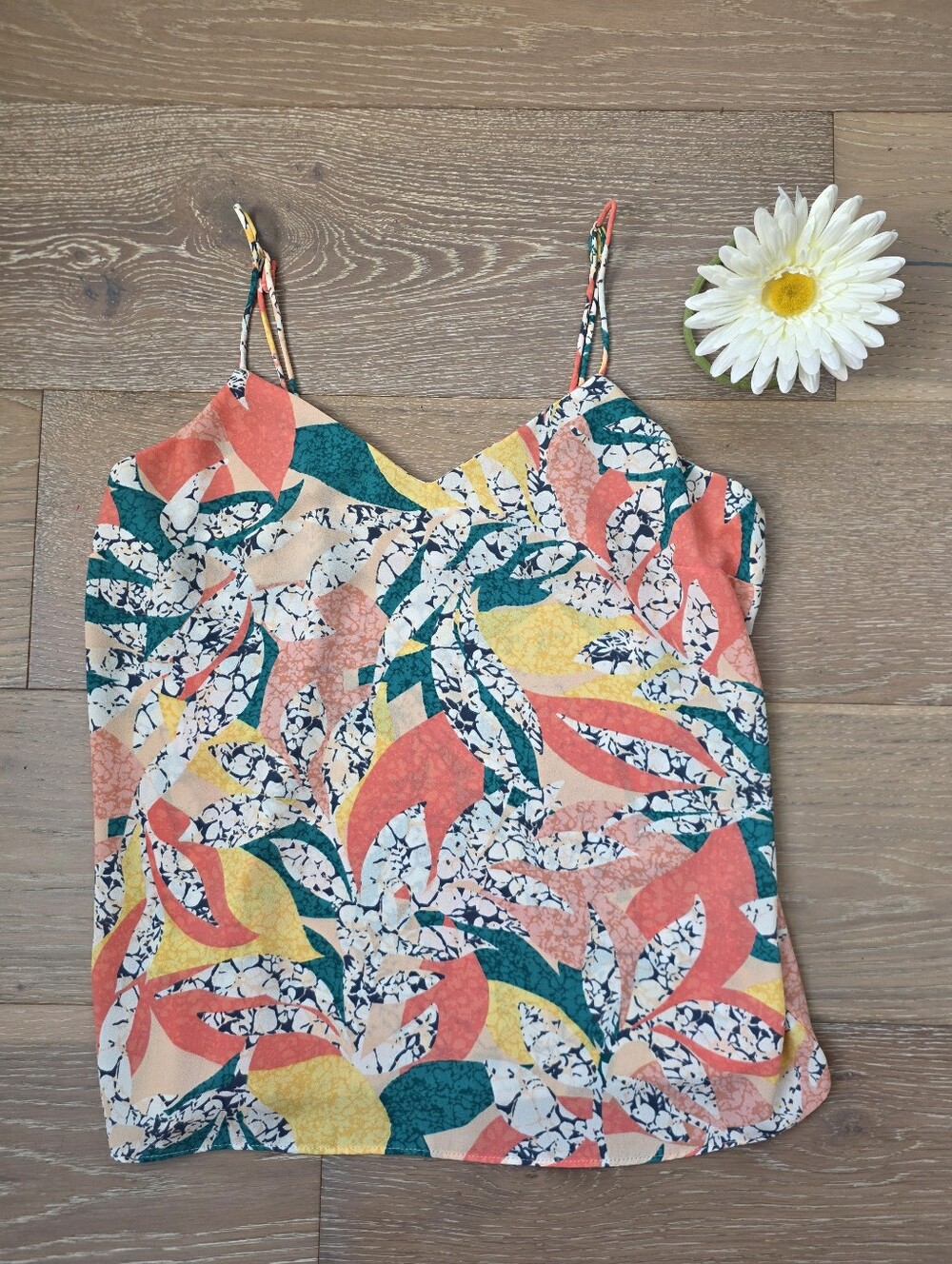 Nine West Tropical Leaf Print Spaghetti Strap Cami in Coral, Teal & Yellow